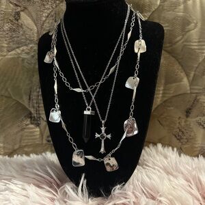 Stainless Steel Cross Necklace + Onyx Necklace + Long Chain
